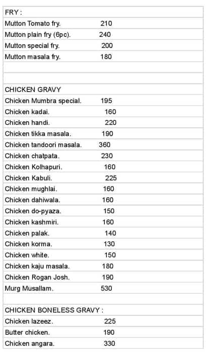 MUMBRA RESTAURANT menu