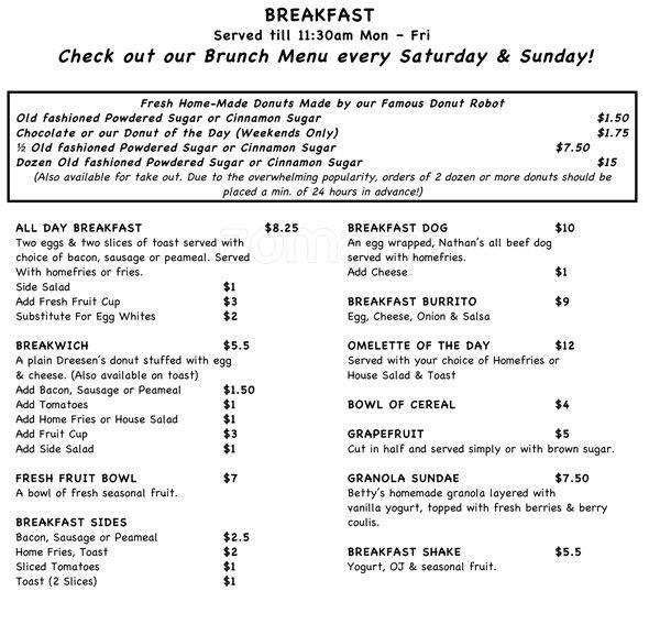 Uncle Betty's Menu, Menu for Uncle Betty's, Yonge & Eglinton, Toronto