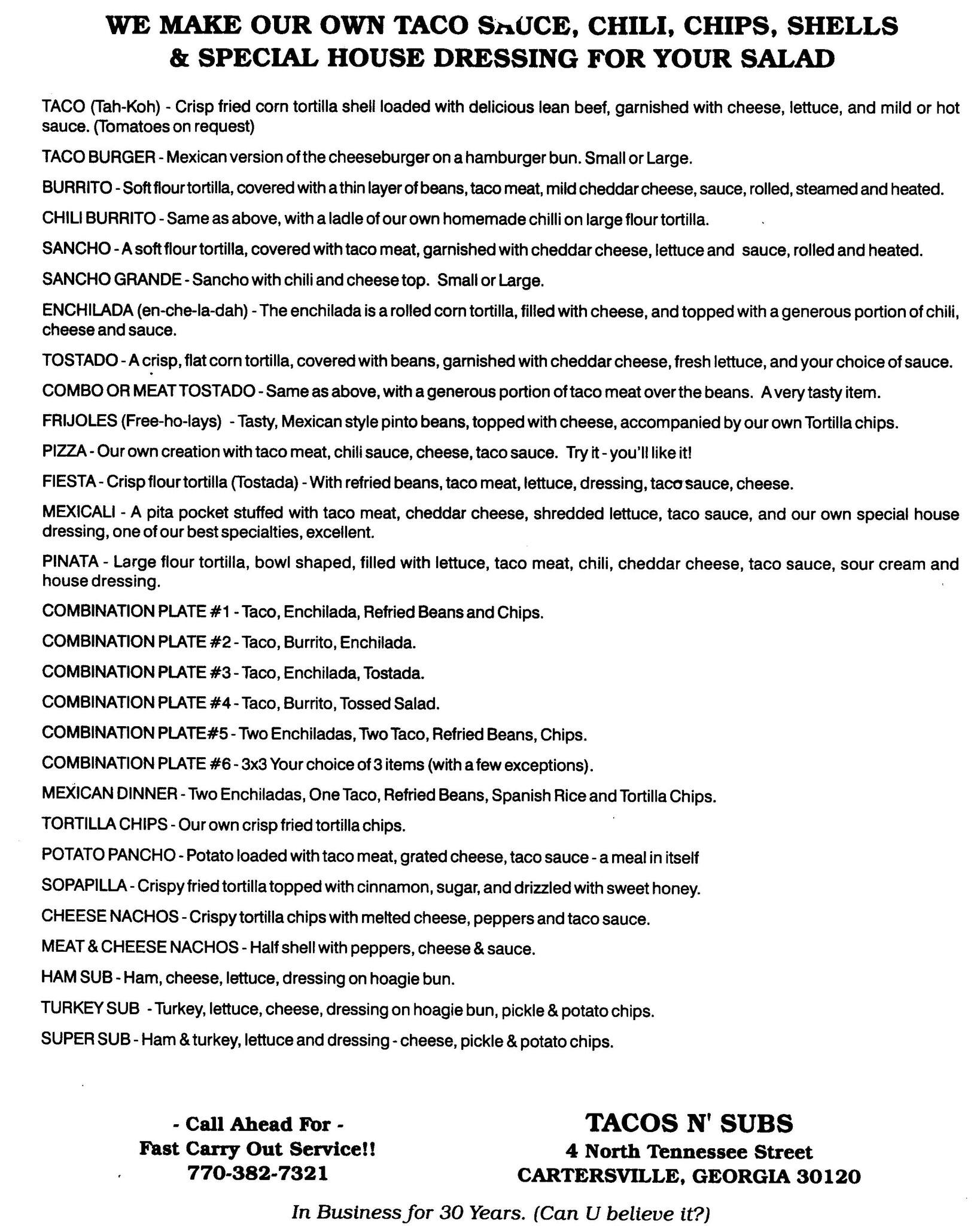 Online Menu of Tacos N Subs Restaurant, Cartersville, 30120