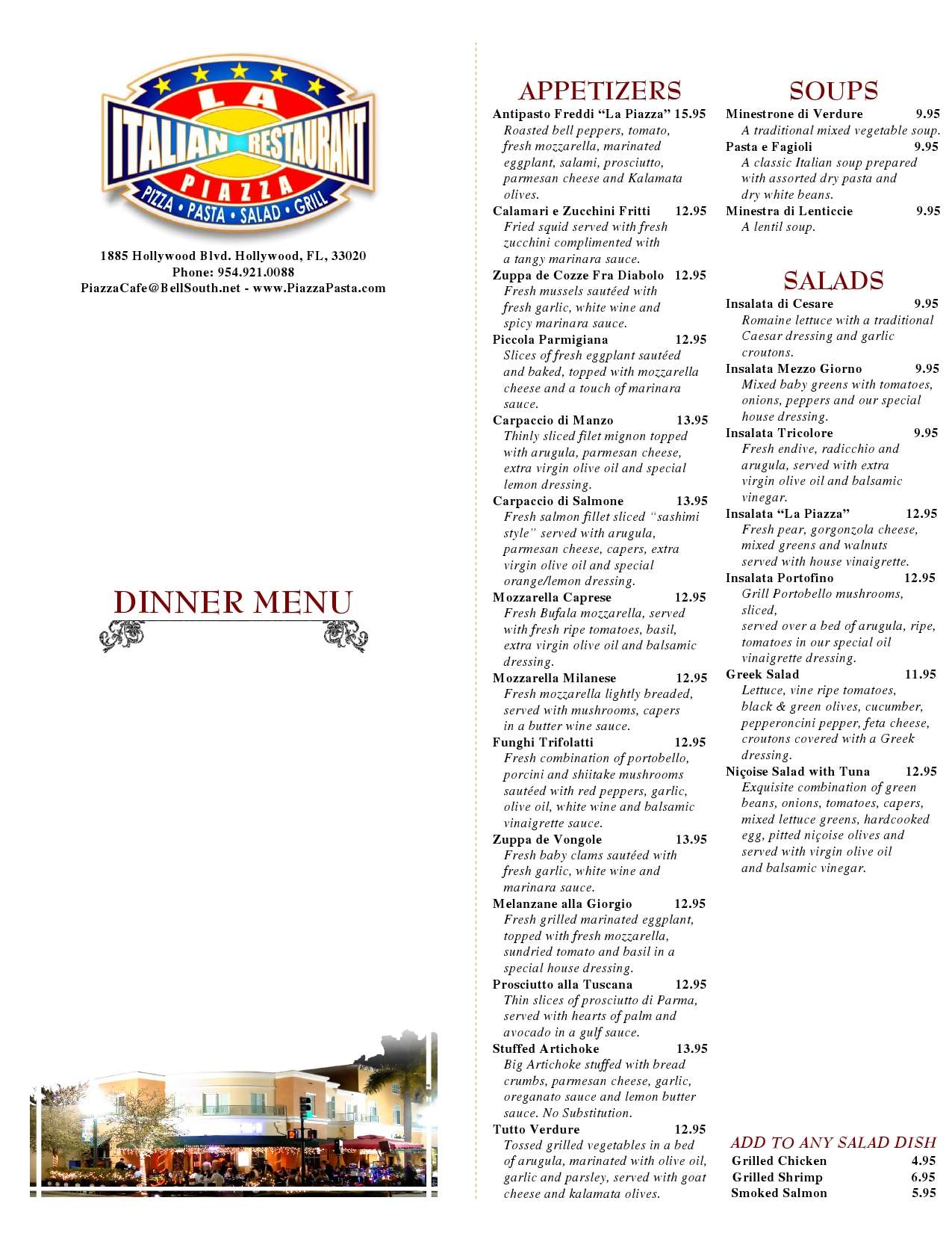 La Piazza Pasta Cafe Menu, Menu for La Piazza Pasta Cafe, Hollywood ...