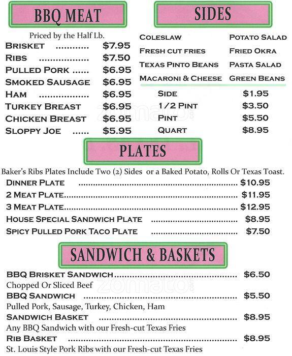 Baker's Ribs Menü, Baker's Ribs, Grapevine, Grapevine için Menü