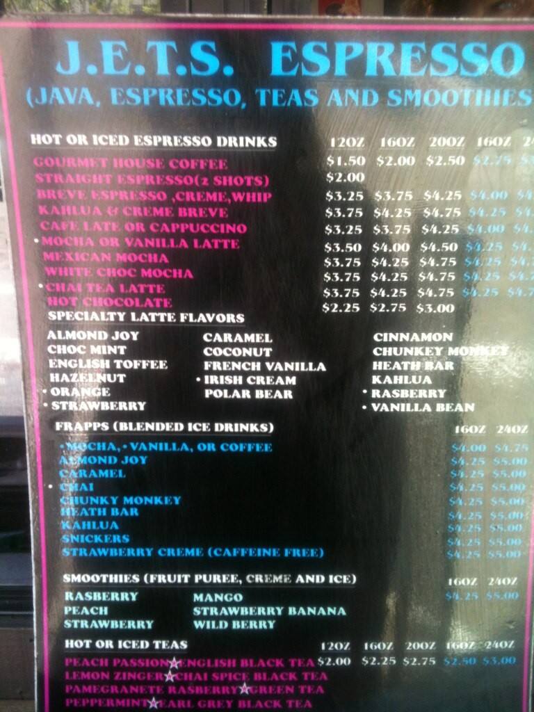 J.E.T.S Espresso (drive thru coffee) Menu Urbanspoon/Zomato