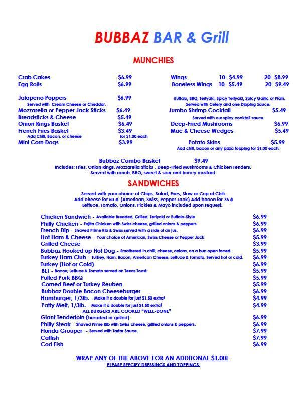Bubbaz Bar & Grill Menu, Menu for Bubbaz Bar & Grill, Plainfield, Indianapolis Urbanspoon/Zomato