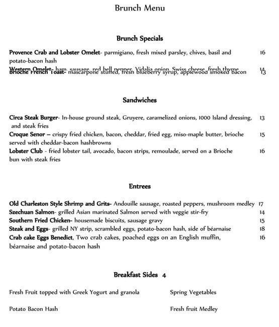 Menu at Brasserie Circa restaurant, Macon