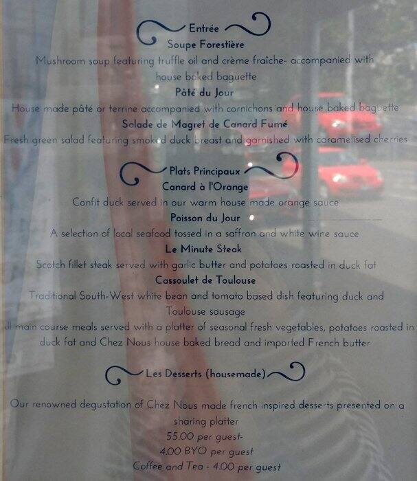 Bistro Chez Nous Menu, Menu for Bistro Chez Nous, Surrey Hills