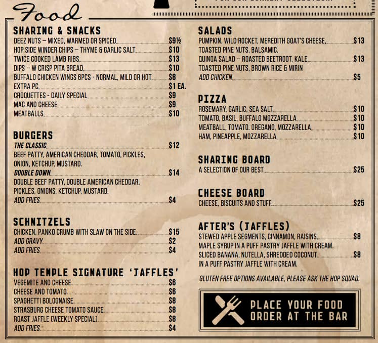 Hop Temple Menu, Menu podniku Hop Temple, Ballarat, Ballarat Urbanspoon/Zomato