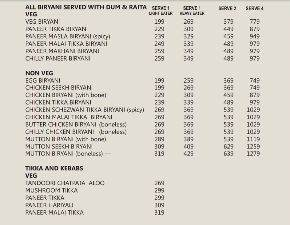 Menu Of Ustaad Biryani, 4 Bungalows, Mumbai