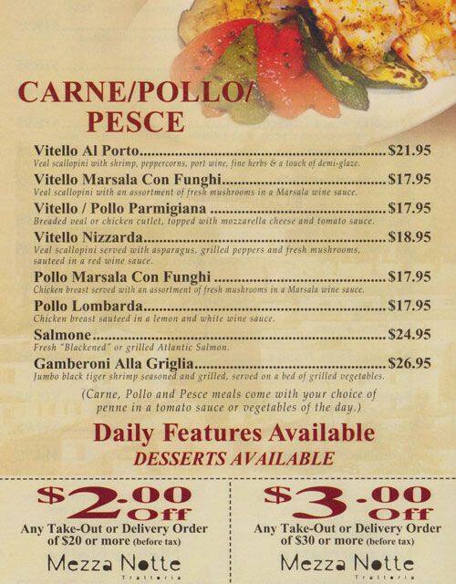 Mezza Notte menu