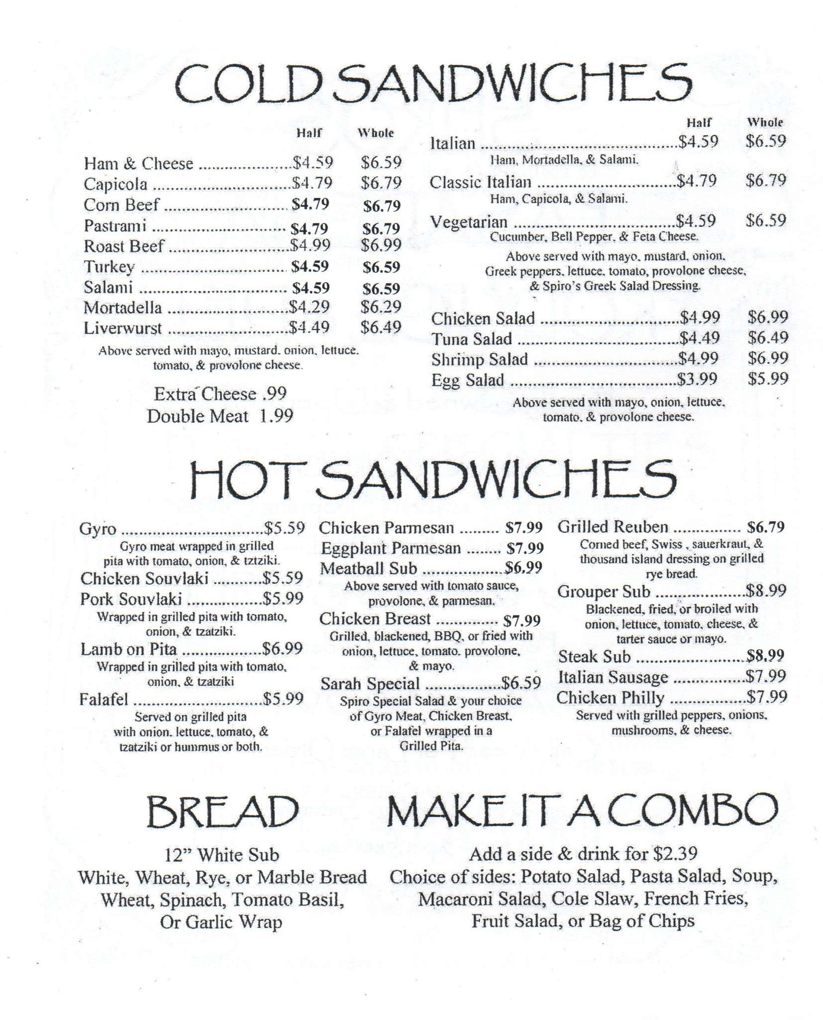 Menu at Spiros Cafe, South Pasadena