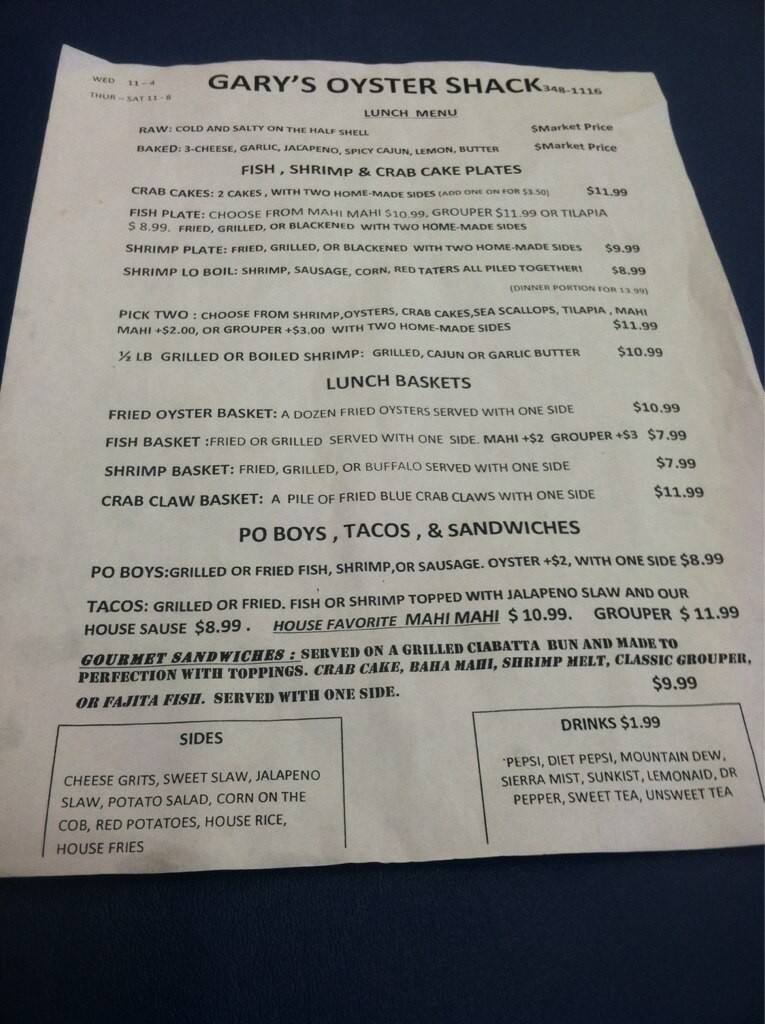 Gary's Oyster Shack Menu, Menu for Gary's Oyster Shack, Panama City ...