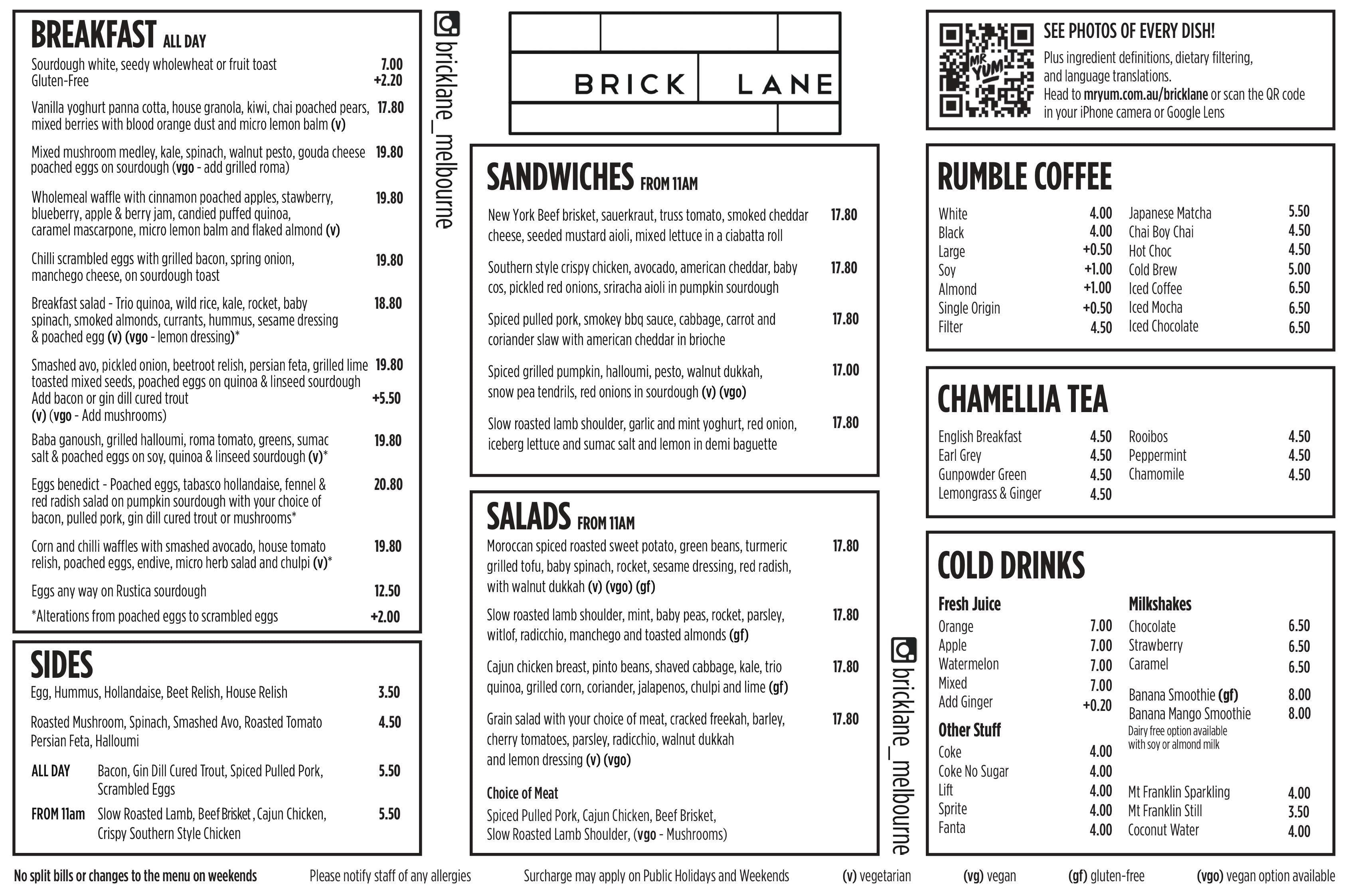 Menu at Brick Lane Melbourne cafe, Melbourne, 33 Guildford Ln