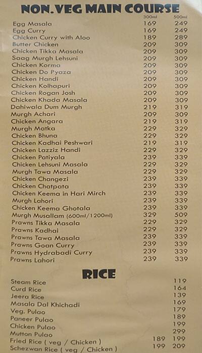Punjab Depot, Airoli menu