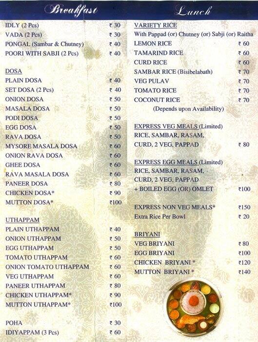 Chennai Express Menu, Menu for Chennai Express, DLF Phase 3, Gurgaon