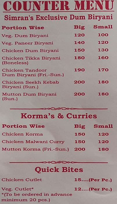 Simran Biryani menu