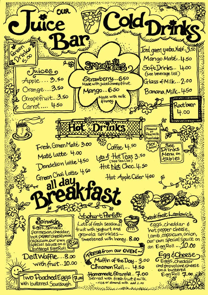 Menu at Yellow Deli cafe, Katoomba