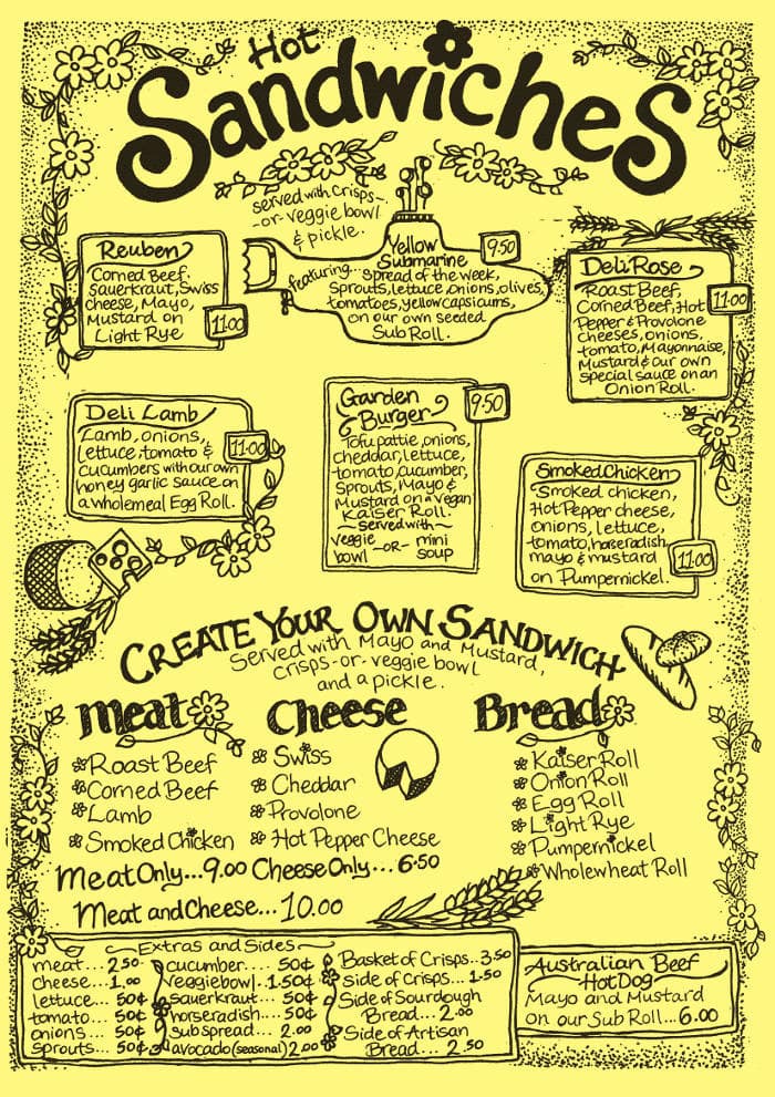 Menu at Yellow Deli cafe, Katoomba