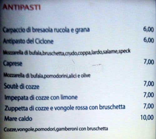 Menu di Ristorante il nuovo ciclone 