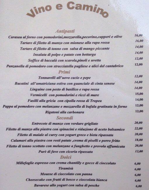 Menu di Ristorante Vino e Camino 