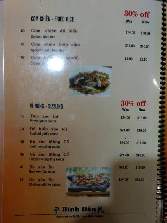 Binh Dan menu