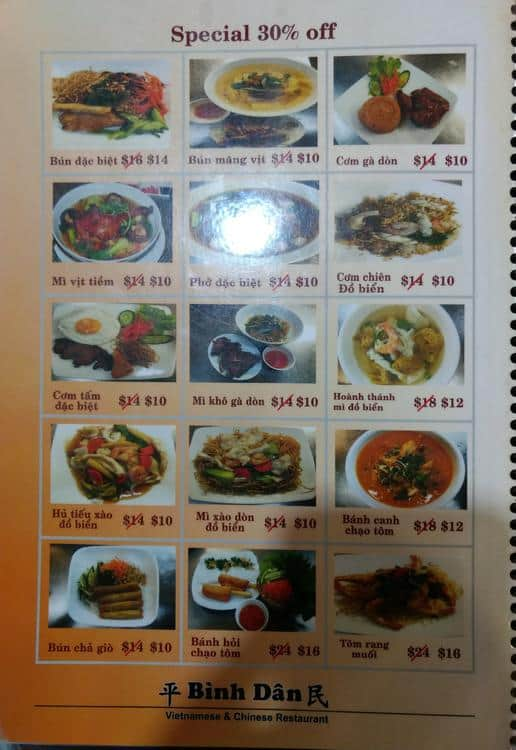 Binh Dan menu