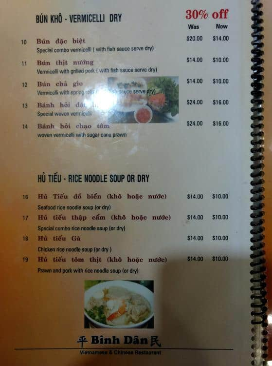 Binh Dan menu