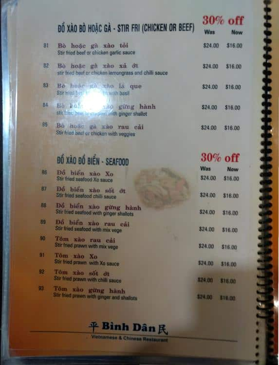 Binh Dan menu