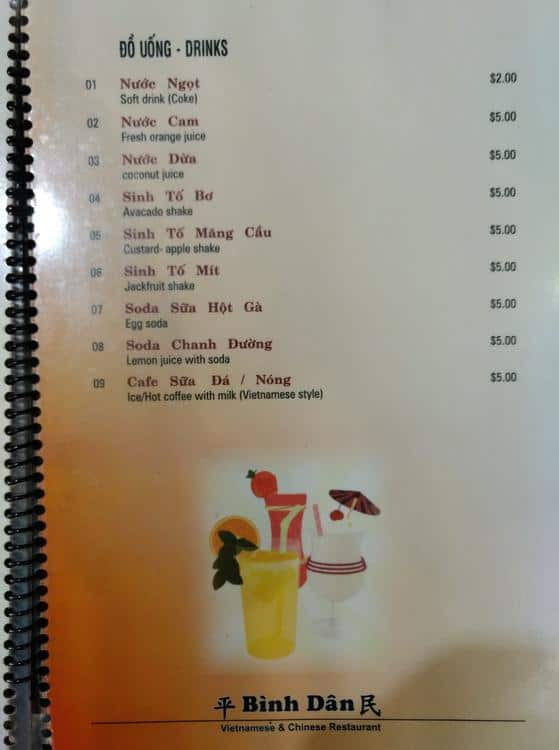 Binh Dan menu