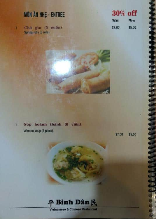 Binh Dan menu