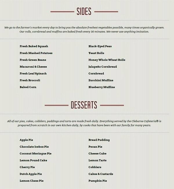 Menu at Cleburne Cafeteria, Houston, St