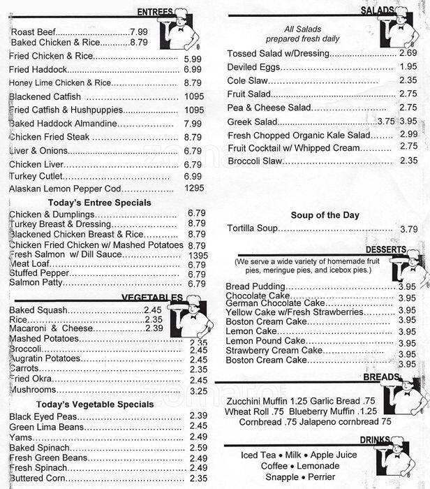 Cleburne Cafeteria menu, Menu restauracji Cleburne Cafeteria, West