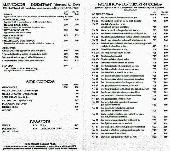 Menu at Casa Navarro restaurant, Dallas