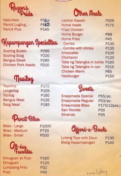 Razon's of Guagua Menu, Menu for Razon's of Guagua, Loyola Heights ...