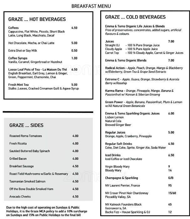 Graze Menu, Menu for Graze, The Rocks, Sydney Urbanspoon/Zomato