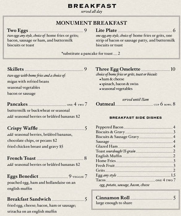 Menu at Monument Cafe, 500 S Austin Ave