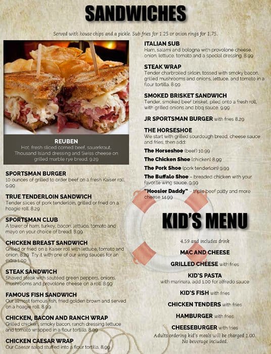 Menu at Sportsman Inn restaurant, Monticello