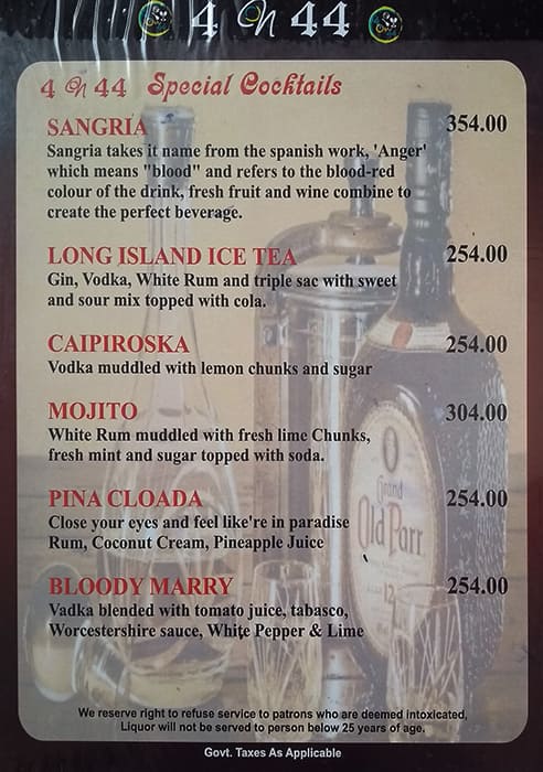 4 on 44 Restaurant & Bar menu