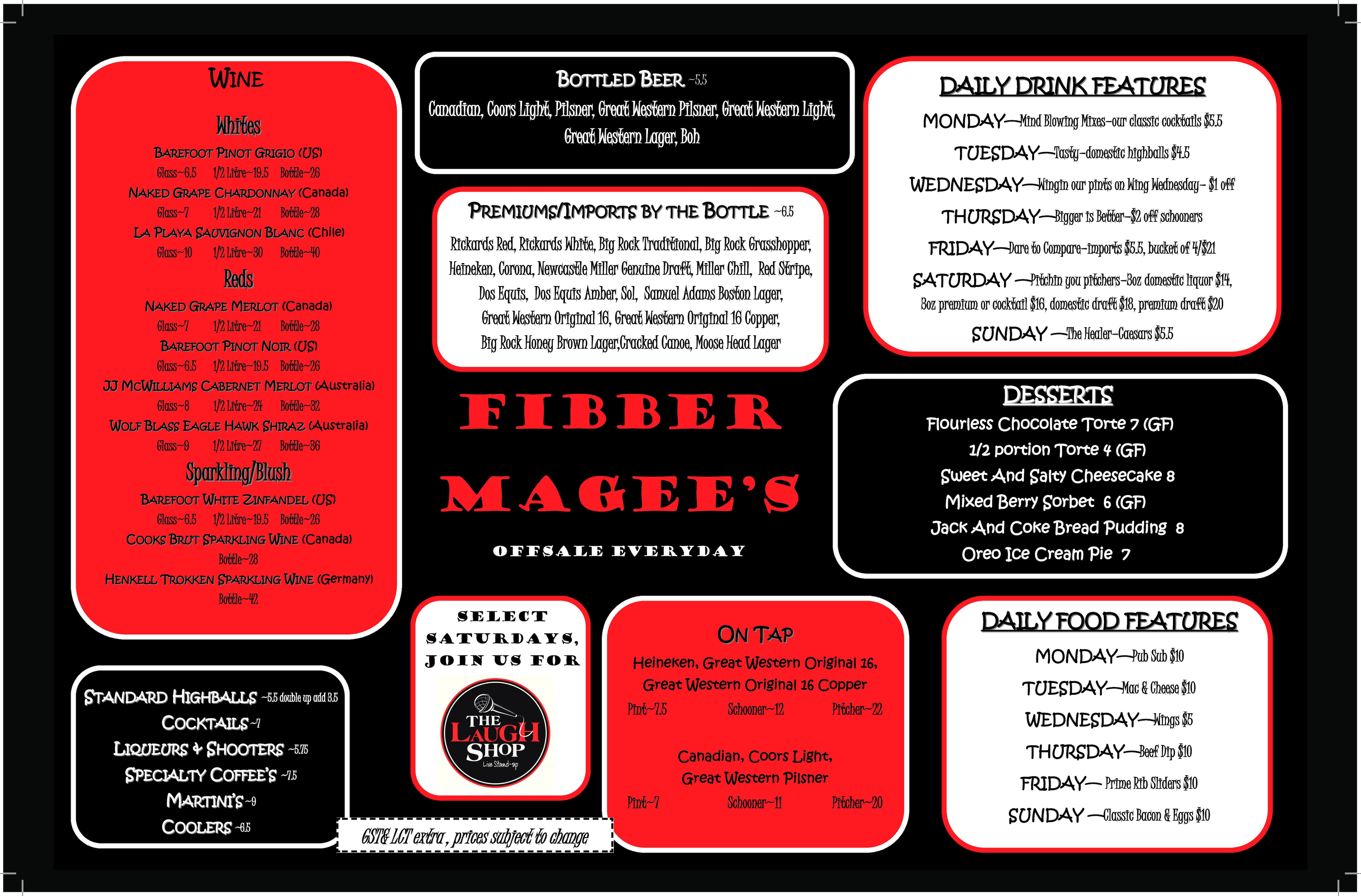 Menu at Fibber Magees Regina pub & bar, Regina