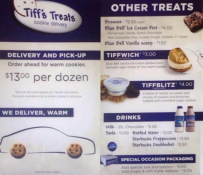 Menu at Tiff's Treats Cookie Delivery desserts, Houston, Southwest Fwy 128