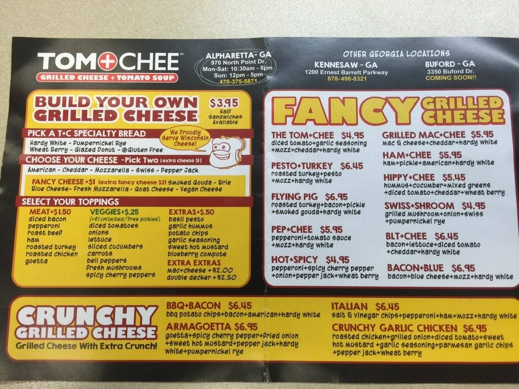 Tom + Chee menu, Menu restauracji Tom + Chee, Alpharetta, Atlanta