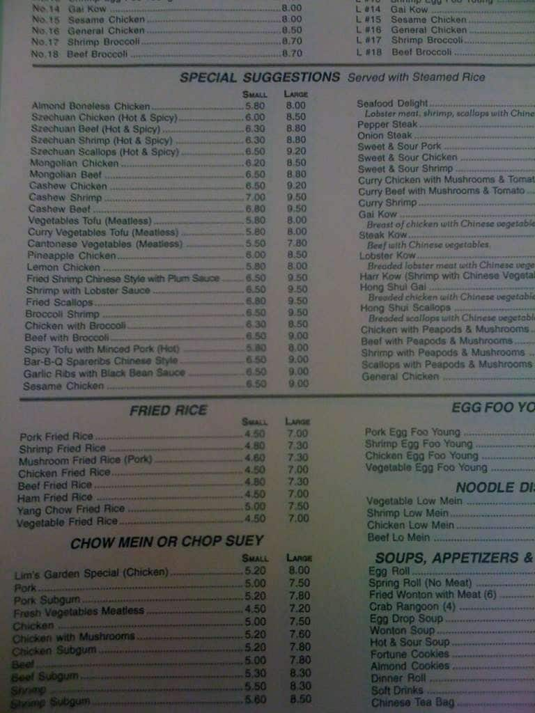 Menu at Lim's Garden restaurant, Dearborn