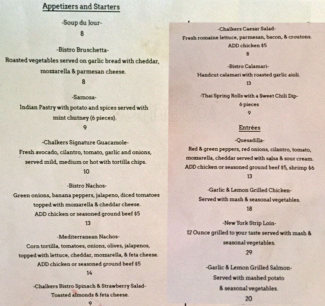 Chalkers Sports Bar and Grill menu