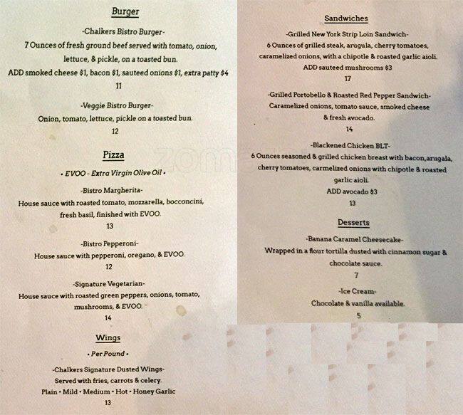 Chalkers Sports Bar and Grill menu