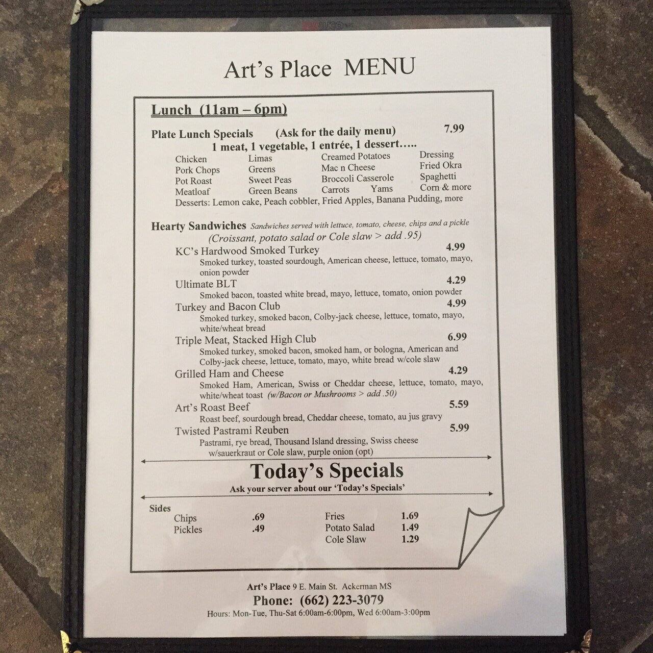 Art s Place Menu Menu For Art s Place Ackerman Ackerman Urbanspoon Art s Place Menu Menu For Art s Place Ackerman Ackerman Urbanspoon