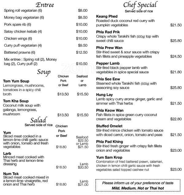 Thai Rendezvous menu, Menu restauracji Thai Rendezvous, Spreydon ...