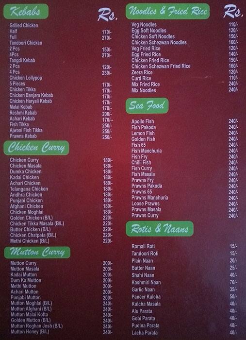 Menu At Grand Spicy Bawarchi Hyderabad Opposite Medwin Hospital