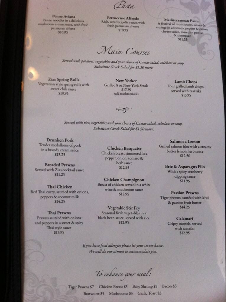 Menu at Zias Stonehouse Restaurant, Summerland