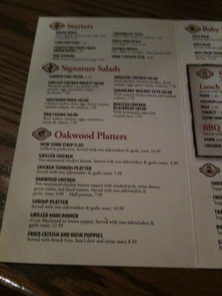 Oakwood Smokehouse Grill Menu