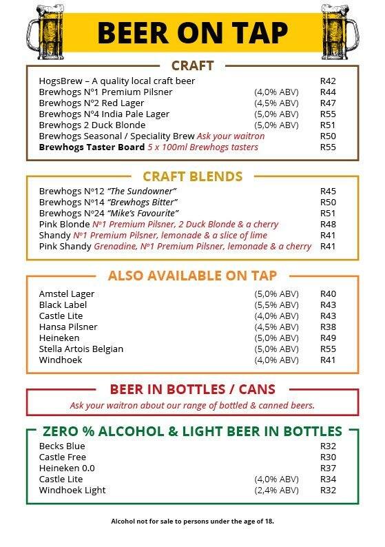 Menu au Hogshead pub et bar, Pretoria
