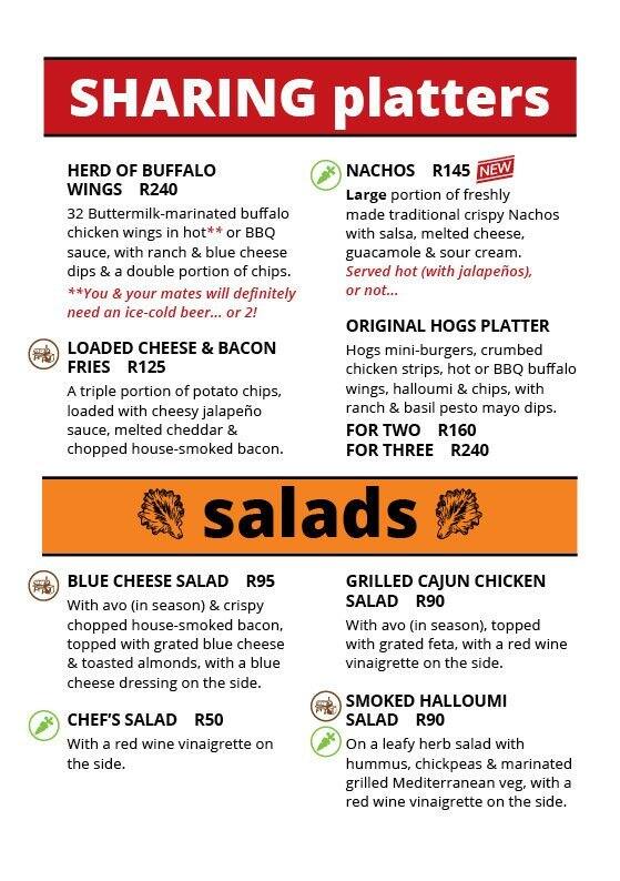 Menu au Hogshead pub et bar, Pretoria
