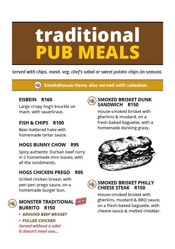 Menu au Hogshead pub et bar, Pretoria